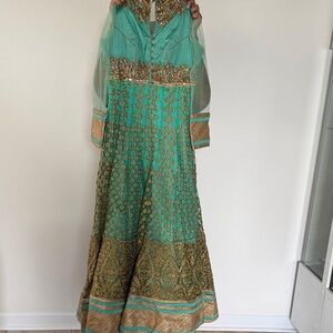 Elegant Teal and Gold Embroidered Dress